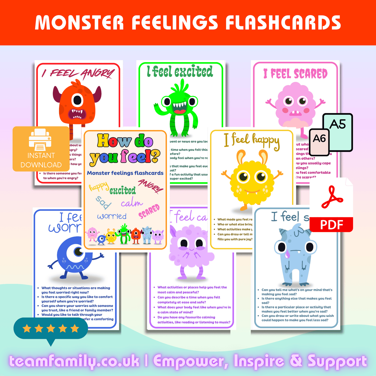 Monsters Bundle- Emotions Flashcards and Feelings Guide - Team Family