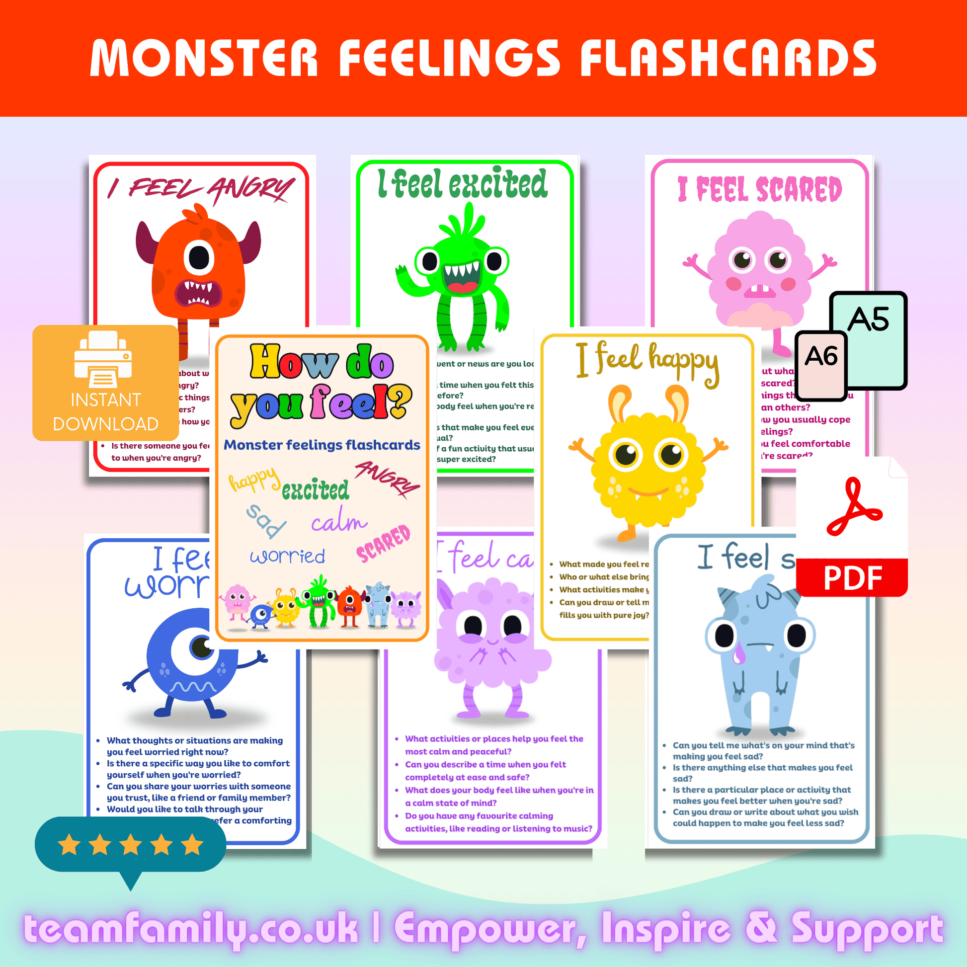 Monsters Bundle- Emotions Flashcards and Feelings Guide - Team Family